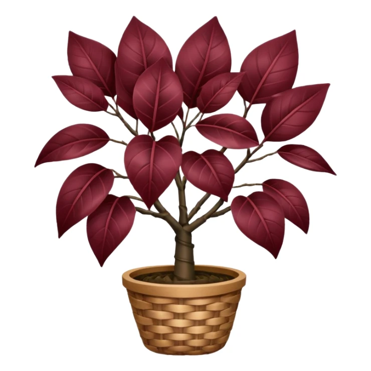 Burgundy Rubber tree plant with Elegant dark coloured leaves in a woven basket pot sticker
