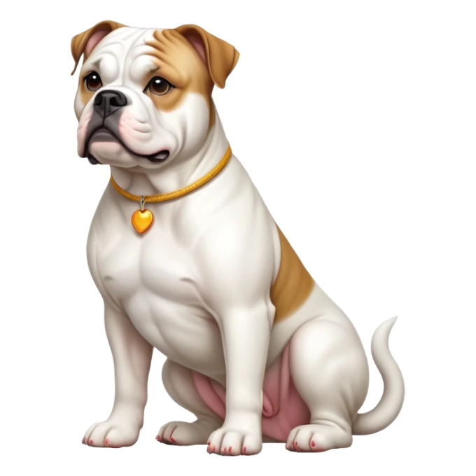 cinematic-[american bulldog]-realistic-full-body-sitting-emoji,-tail-resting-loosely-beside-its-paws,-head-tilted-dramatically,-sleek-[white]-fur,-simplified-yet-realistic-focused-features,-highly-detailed,-glowing-with-an-almost-sarcastic-glow sticker