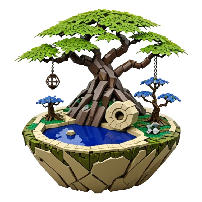 Alien Lego spacecraft hanging jungle-vines mountain-island landscape antique mudman very old broken cracked intricate Stone Age rocky-crusted irregular dodecagon-shaped shallow dark moss rough bark blue willow flowered maple tree bonsai pot sticker