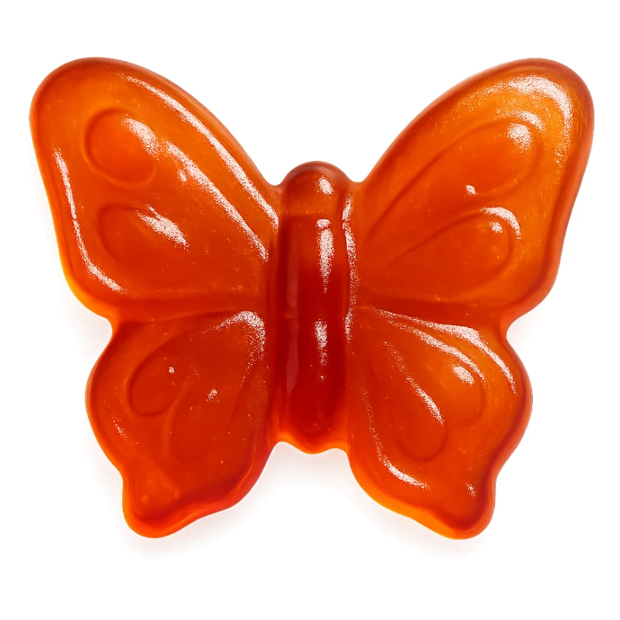 realistic butterfly-shaped candy with a glossy finish, isolated on a transparent background, no visible background sticker