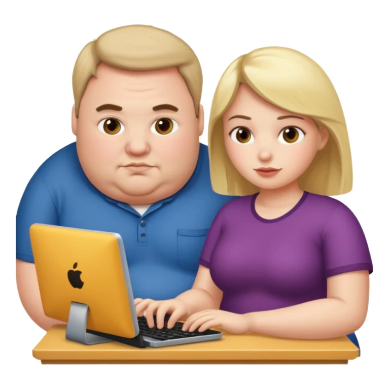 A girl helping a really fat man on the computer sticker