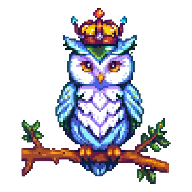 pixel art crowned owl, perched on a branch sticker