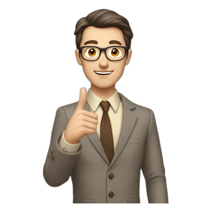 To belt Actively gesturing with hands Okay Pale skinned fit man with dark brown hair in gray jacket, beige office shirt, brown tie, brown pants and vintage glasses. sticker