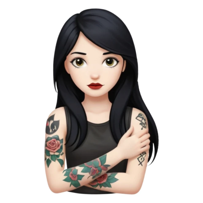 hyper realistic beautiful Pale girl with long black hair arm tattoos sticker