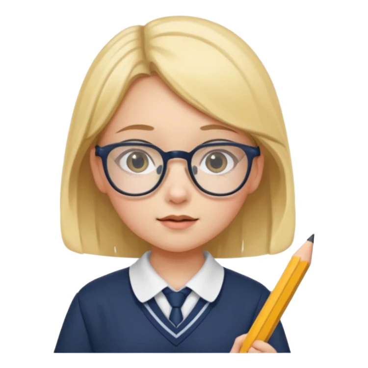 girl kid with glasses → holding a pencil with school uniform sticker