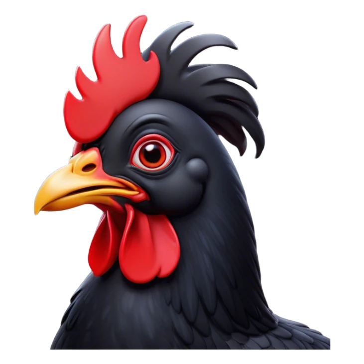 Cinematic Comical Black Chicken Portrait Emoji, Head tilted dramatically with an exaggeratedly amused expression, featuring a sleek, glossy black plumage with a bold red comb, wide, expressive beady eyes filled with playful disbelief, Simplified yet hilariously expressive features, highly detailed, glowing with a slightly sassy glow, high shine, dramatic yet playful, stylized with an air of cheeky mischief, bright and endearing, soft glowing outline, capturing the essence of a spirited and over-the-top chicken, so meme-worthy it feels like it could cluck its way into internet fame instantly! sticker