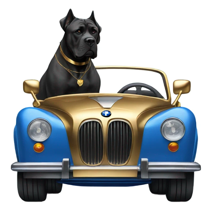 A Cane Corso driving a gold and blue BMW. sticker