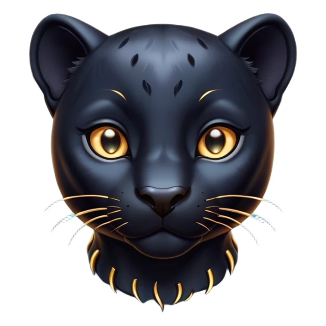 Cinematic Cute Panther Portrait Emoji, Head tilted playfully and inquisitively, with a smooth, streamlined form accentuated by a subtle sheen and round, sparkling eyes filled with charm, Simplified yet irresistibly adorable features, highly detailed, glowing with a warm, inviting glow, high shine, affectionate and lively, stylized with a touch of whimsical mystery, bright and endearing, soft glowing outline, capturing the essence of a mischievous yet loving panther that seems as if it could pounce out of the screen into your arms! sticker