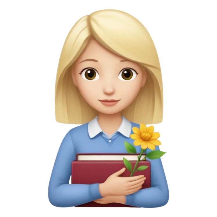 The blonde holds a stack of books + flower sticker