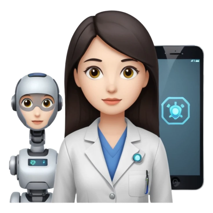 female AI robotics engineer with dark hair, and mobile robot near sticker
