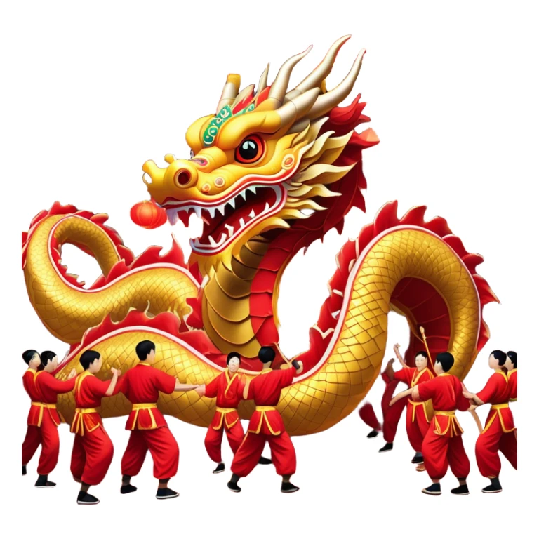 Cinematic Realistic scene of a traditional Chinese Dragon Dance featuring a team of performers skillfully manipulating a colossal, flexible dragon puppet, its intricately detailed, vibrant scales and flowing, embroidered fabric catching the light, set against a festive backdrop of red lanterns and dynamic red-tinged lighting that accentuates the majestic presence of the dragon puppet. sticker