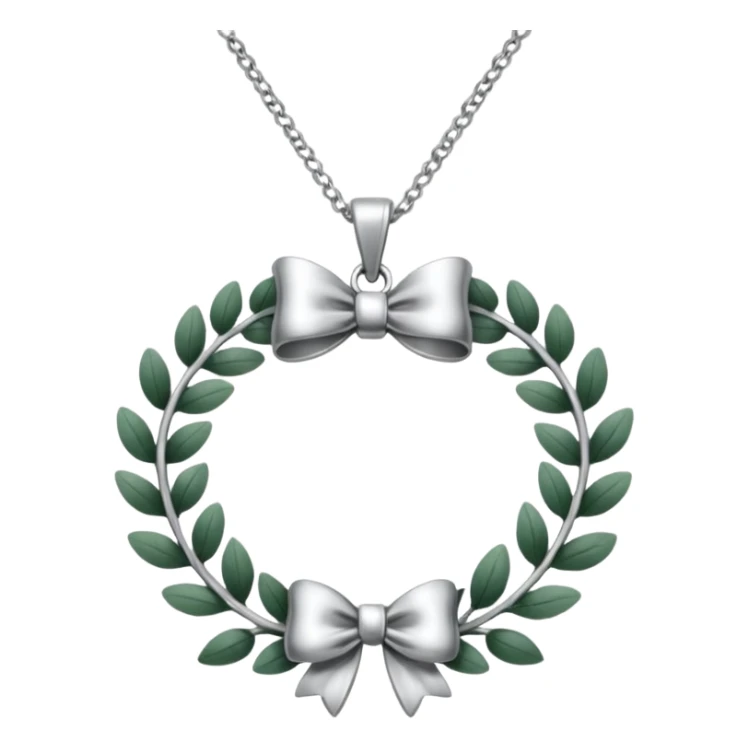 A silver necklace with a wreath shaped pendant and a bow at the top sticker
