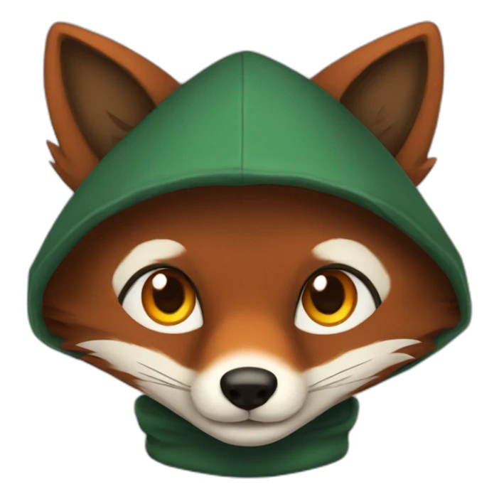 small dark brown fox with orange eyes and a dark green hood that smile sticker