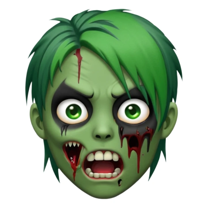  emo zombie black punk hairs green skin middle part with cuts on face and open mouth with fluid coming out of mouth sticker
