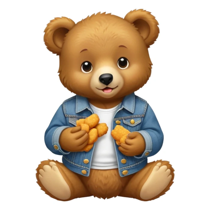 A black bear cub wearing a jeans jacket eating chicken nuggets sticker