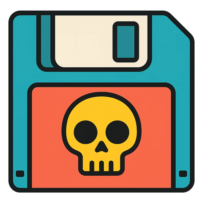 floppy disc with a skull motif, color outline icon sticker