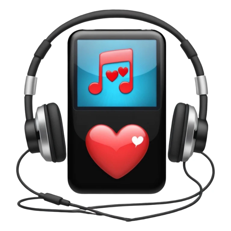 An iPod with headphones, showing a heart icon for favorites sticker