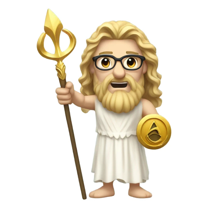 white Poseidon with gold Trident and nerd glasses. long hair white dress. smile . eye wink. point us with index sticker