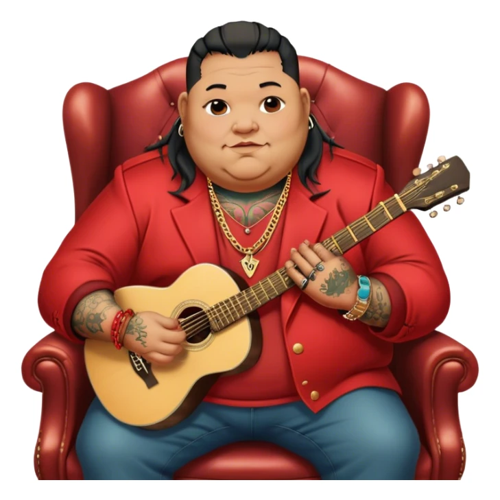 Icon for Chanson: Old fat chanson singer with tattoos, red jacket, gold chains and braslettes, sitting on a chair with an acoustic guitar. The atmosphere should reflect a nostalgic, soulful vibe with vintage elements. Transparent background. sticker