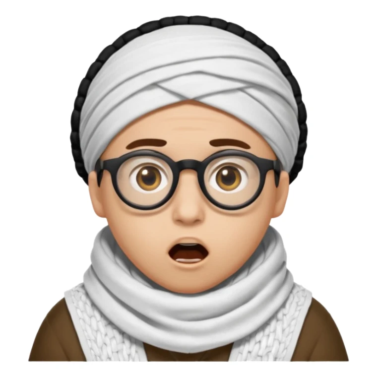 A person with light skin tone, wearing a traditional white shemagh with a BALCK AGAL, large brown eyes, round glasses, and an open mouth showing a surprised or shocked expression. sticker