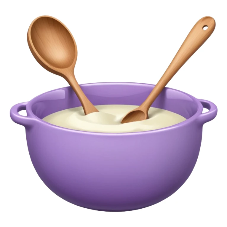 a lilac ceramic mixing bowl with a wooden spoon stirring sticker