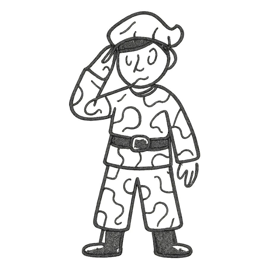 Remove the text from the chest, keep the little soldier doll with a camouflage uniform (cream, brown, beige), saluting like a military figure, in a hand-drawn style. sticker
