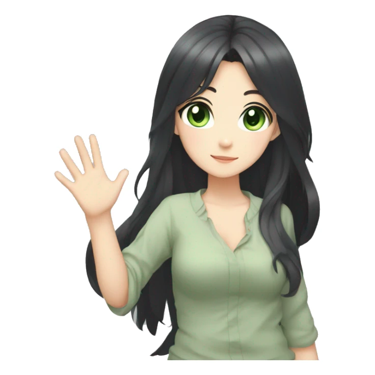 Anime-style girl with black hair down to her belly , gray-green eyes , waving her hand sticker