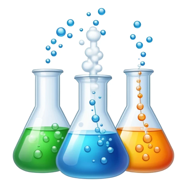 An icon featuring laboratory flasks with tubes, symbolizing chemistry. The design includes liquid and powder substances, a chemical reaction with bubbles, and molecular formulas, representing chemical processes like hydrolysis. Transparent background sticker