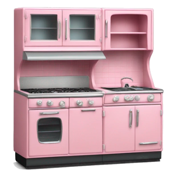 Isolated full length Realistic bubblegum vintage retro kitchen range with cabinets and counters. sticker