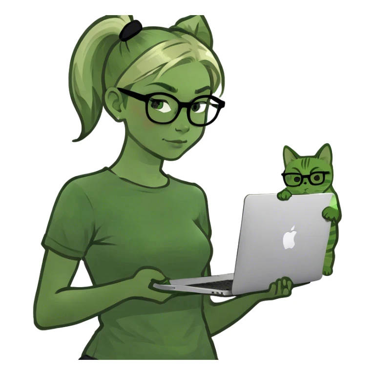 Blonde girl ponytail green eyes with macBook and a cat sticker