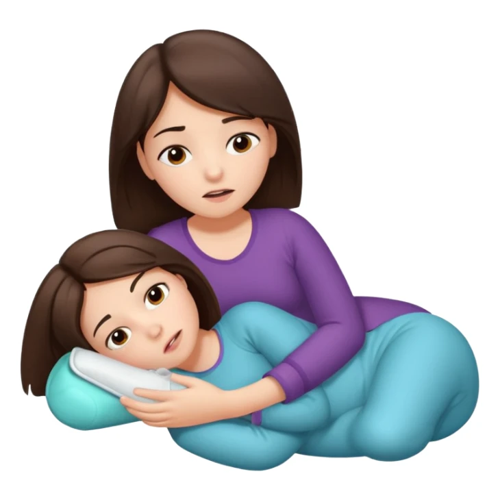 A brunette girl, with a pain face, lying on her side suffering from menstrual cramps, has a hot water bottle on her stomach. sticker