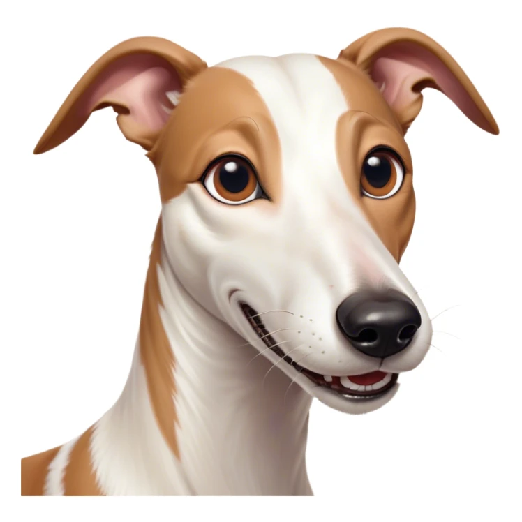 Cinematic Comical White and Brown Greyhound Portrait Emoji, Head tilted dramatically with an exaggeratedly amused expression, featuring a striking white Fur with dynamic brown accents, wide, expressive eyes filled with playful disbelief, Simplified yet hilariously expressive features, highly detailed, glowing with a slightly sassy glow, high shine, dramatic yet playful, stylized with an air of cheeky mischief, bright and endearing, soft glowing outline, capturing the essence of a spirited and over-the-top racer, so meme-worthy it feels like it could side-eye its way into internet fame instantly! sticker