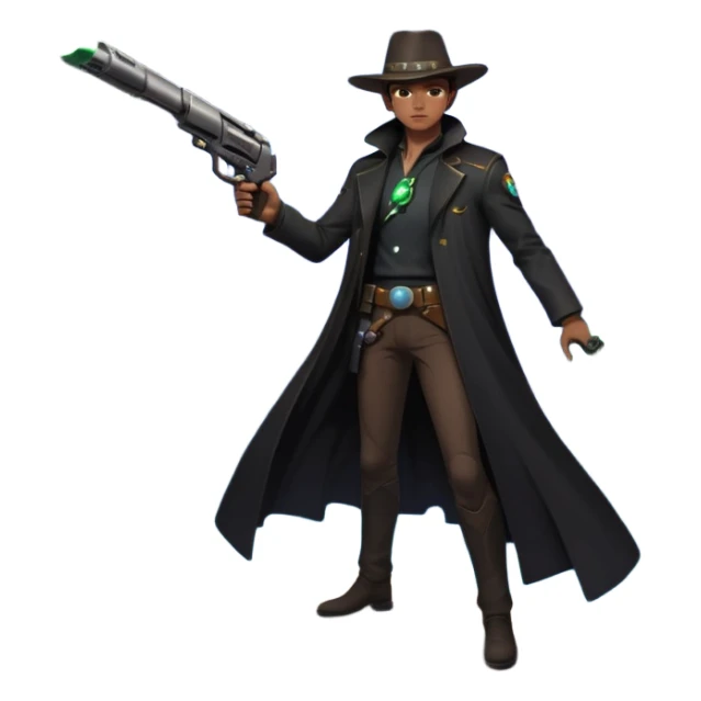 A mysterious alien gunslinger standing on a floating rock in space, cosmic nebula behind him, glowing energy revolver, long flowing coat in zero gravity, epic lighting, ultra detailed space western art
 sticker