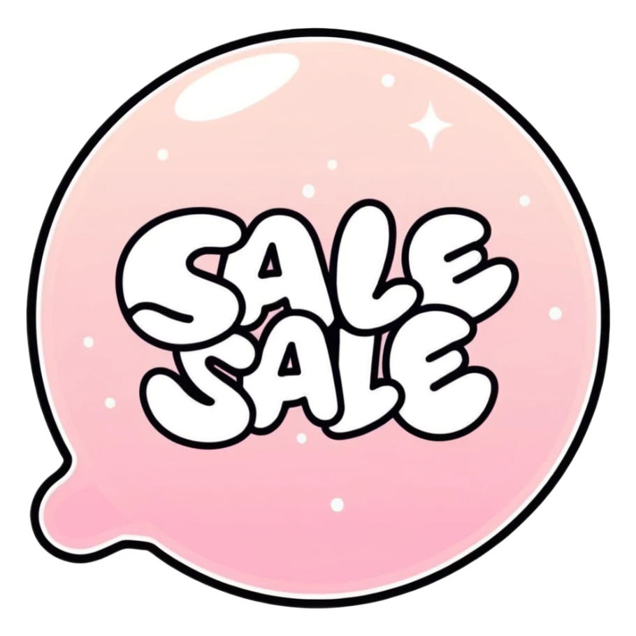 kawaii hand-drawn typography saying 'Sale Now', pastel pink and cream gradient bubble lettering, soft white outline, cute sparkles around the text, transparent background, high-resolution, flawless quality, no imperfections sticker