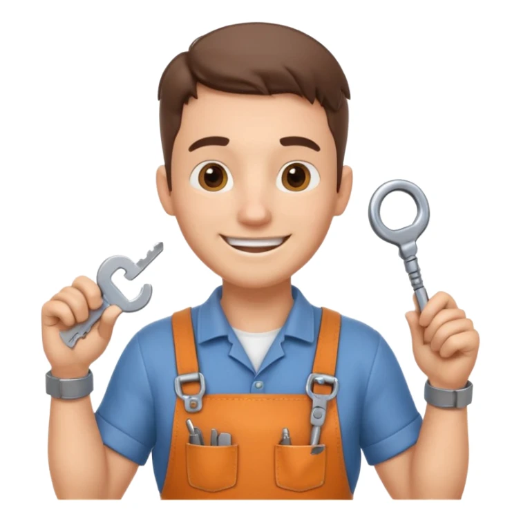 locksmith portrait, head and shoulders only, wearing work apron collar, holding a key near face, friendly confident smile, tool belt strap visible, 3D cartoon, mobile game icon style, clean background, no text, no watermark

 sticker