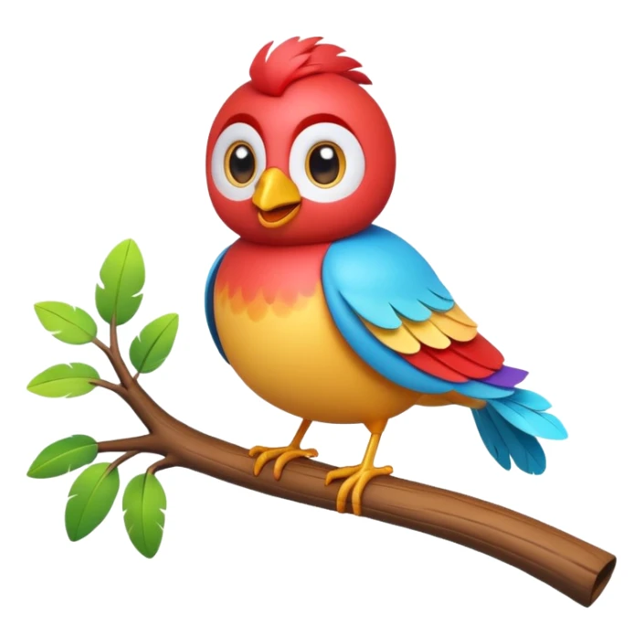 A colorful 3D cartoon bird perched on a small branch, bright feathers, round eyes, and cheerful smile, soft lighting, Memoji-style rendering. sticker