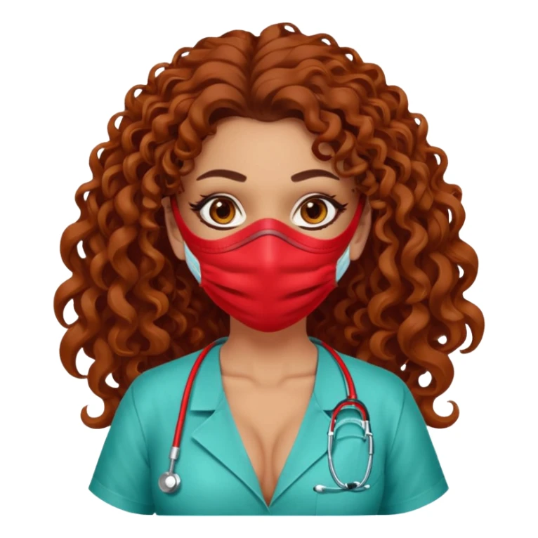 Sensual Spanish Lilith core evil surgeon.red outfit.  Surgeon has hazel eyes. Her hair is BROWN. Hair is also  long and  curly. wearing a sexy surgeon outfit with platform  heels.she is a calculated killer. She covers only her mouth and nose with mask to hide identity sticker