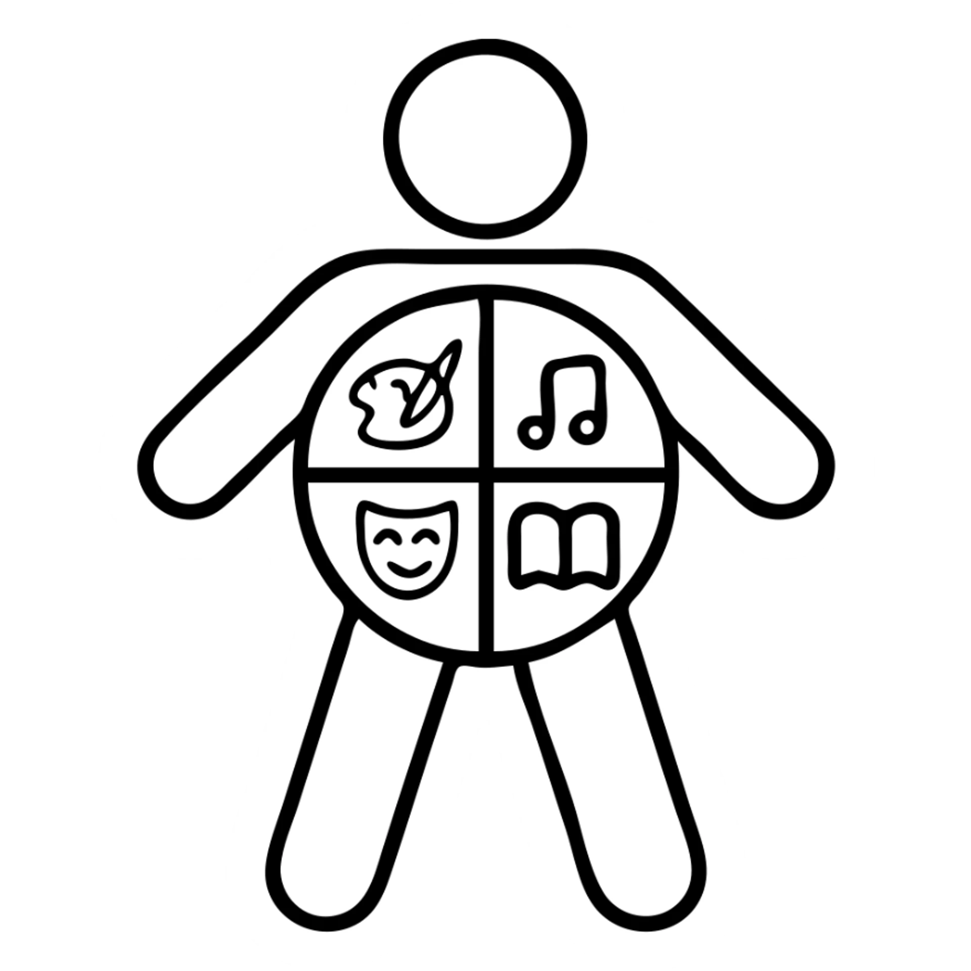 A stylized metal man figure with a circular body divided into four segments, each containing symbols for visual arts, music, theater, and literature sticker