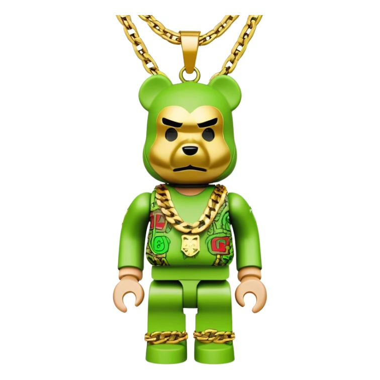 classic bearbrick figure with lime green mask covered in chaotic brand logos, wearing several large gold chains, gold pendant, rapper style accessories, expressive eyebrows sticker