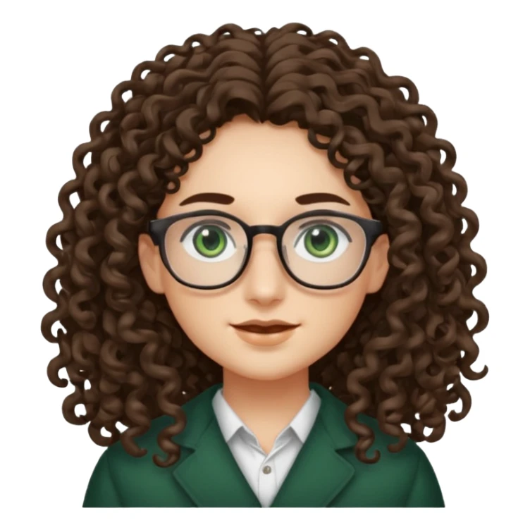 rapariga, olhos verdes escuros, rosto retangular, cabelos muito compridos aos caracóis, com óculos sticker