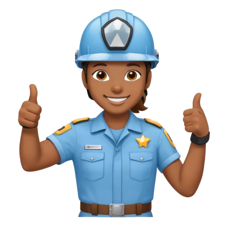 karyawan mengunakan helmet dan berseragam biru langit dan tersenyum dan mengacungkan jempol sticker
