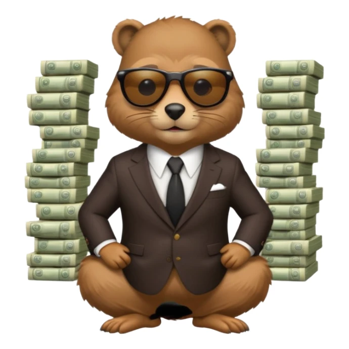Beaver in suit wearing sunglasses surrounded by stacks if cash sticker