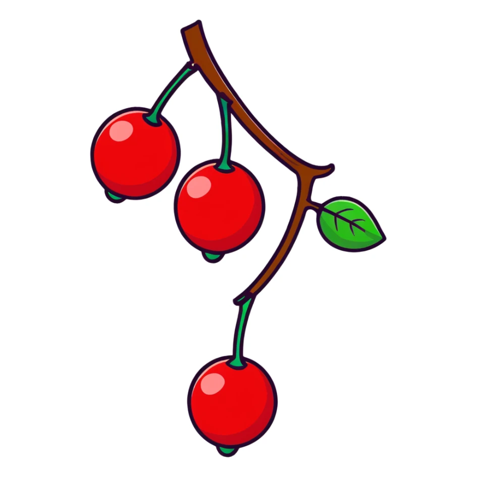 Two plump red cherries hanging from a small branch with green leaves sticker