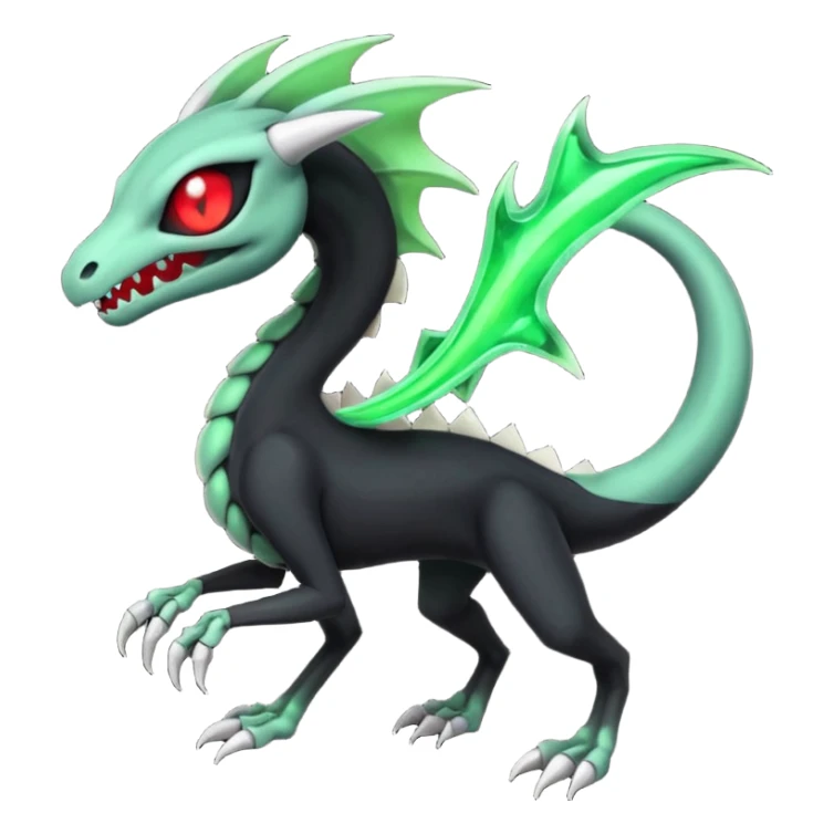 Obsidian-black and neon-glowing-green skeletal Meloetta-Salandit-Gorebyss-Salazzle-Pokémon-Fakémon-creature-fusion-hybrid with glowing crimson-red evil slit eyes sticker