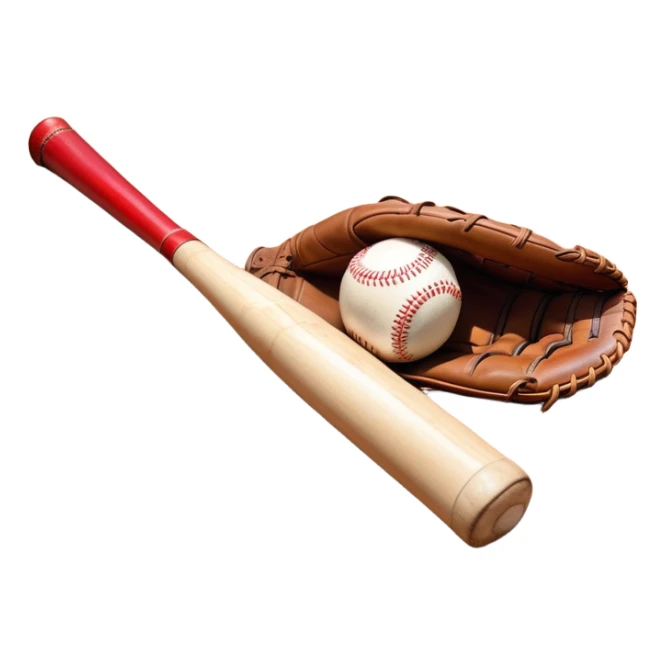 A baseball bat, ball, and glove resting on the ground, set against the backdrop of a baseball field. The scene captures the iconic equipment of the sport, with the field in the distance and a bright sky above, evoking the spirit of the game. sticker