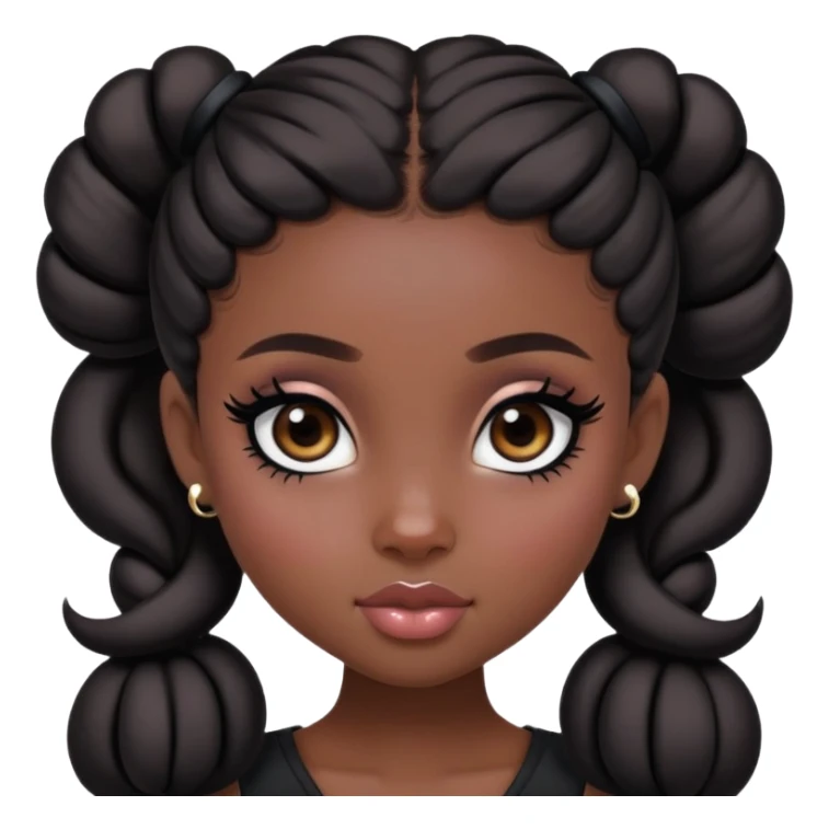 pretty bratz girl, dark brown space buns, dark brown eyes, black eyeliner, deep black skin sticker