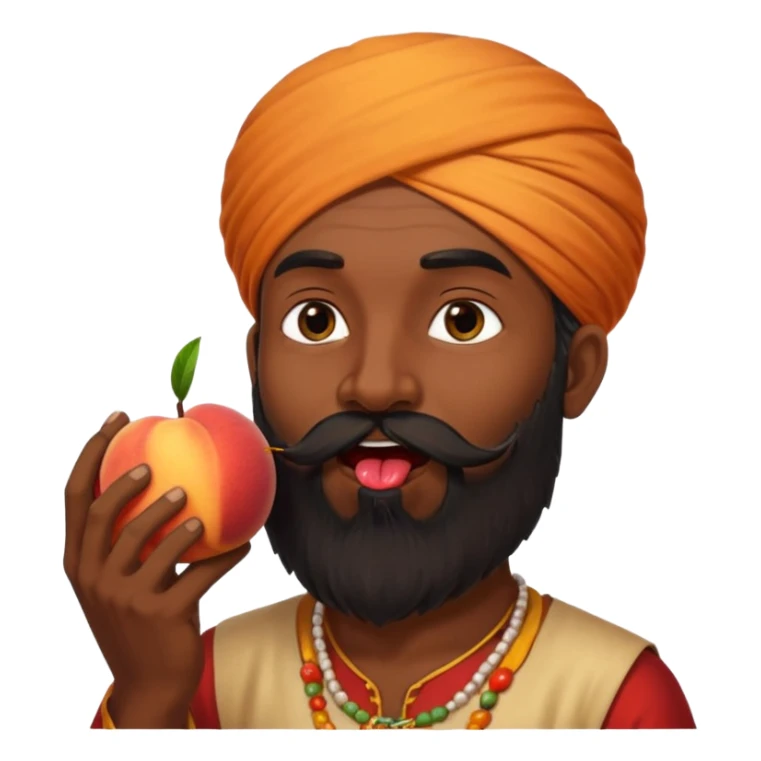 Indian man with a long beard licking a peach sticker