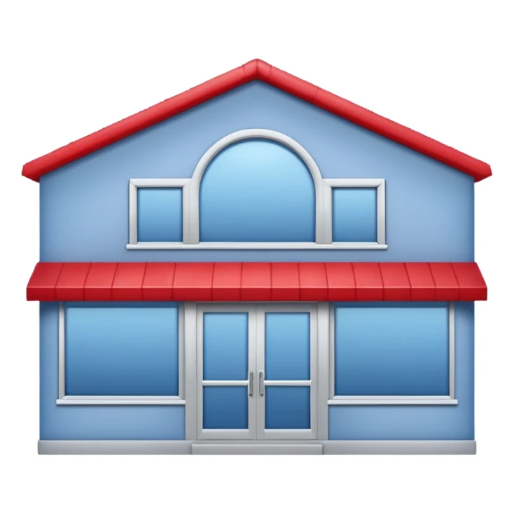 cute minimal emoji-style storefront inspired by Lowe's, red peaked roof, light gray walls, blue sign area, large front windows, sliding glass double doors, clean rounded structure, subtle shadows, soft lighting, centered, plain background, no text sticker
