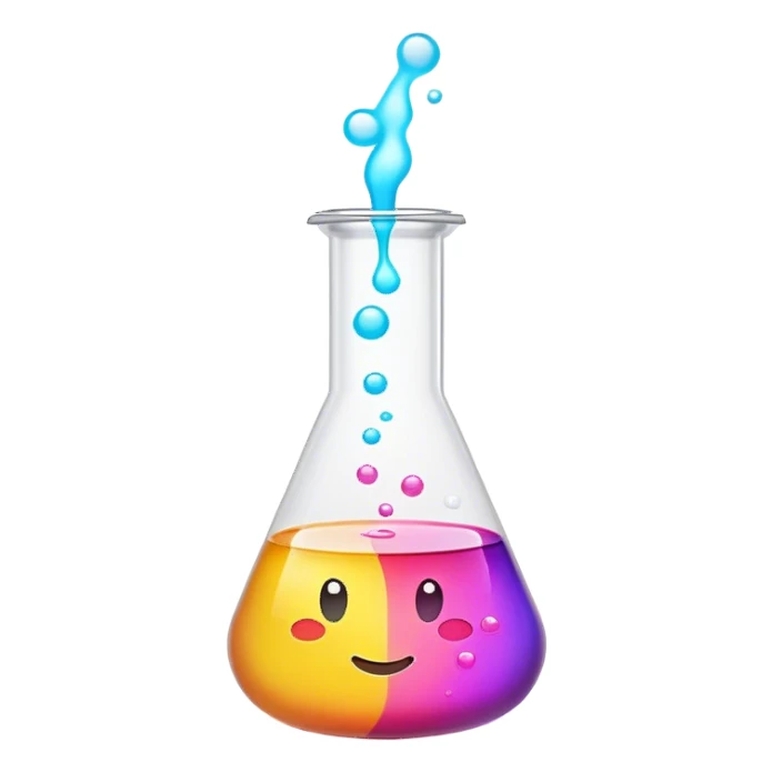 A bubbling chemistry flask filled with a glowing, colorful liquid. Tiny, unfinished emoji icons float above it, as if forming from the experiment. Soft mist rises from the flask, creating a mystical and creative atmosphere. Flat, minimalist digital illustration, empty state design, neutral background. sticker