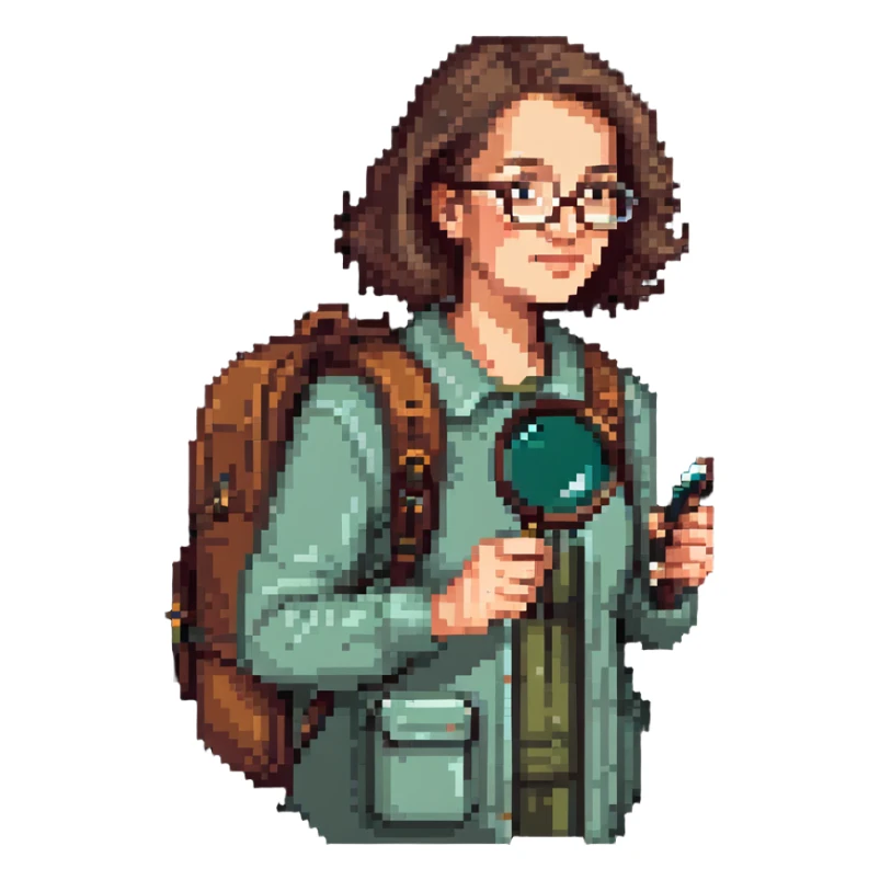 Middle-aged woman hiker with glasses and backpack, using a single magnifying glass sticker